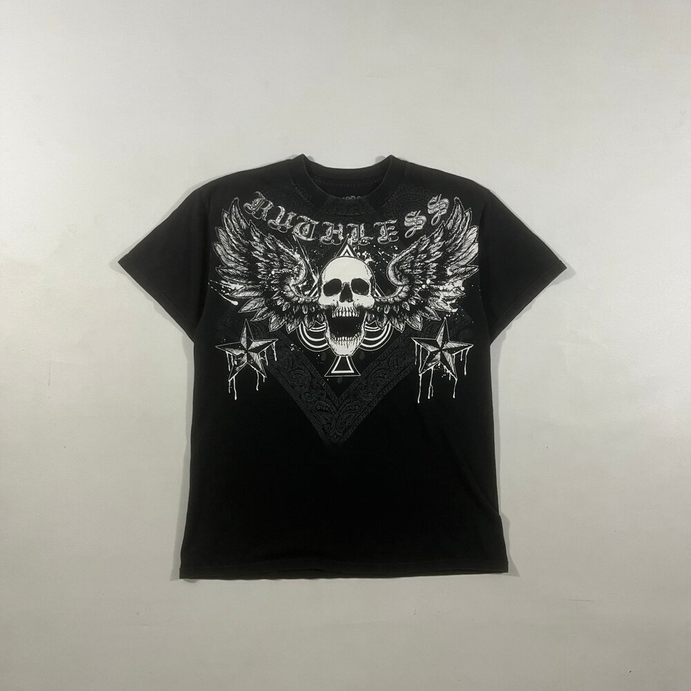 El Cabron Y2K Ruthless Winged Skull Bandana Graphic Tee Medium